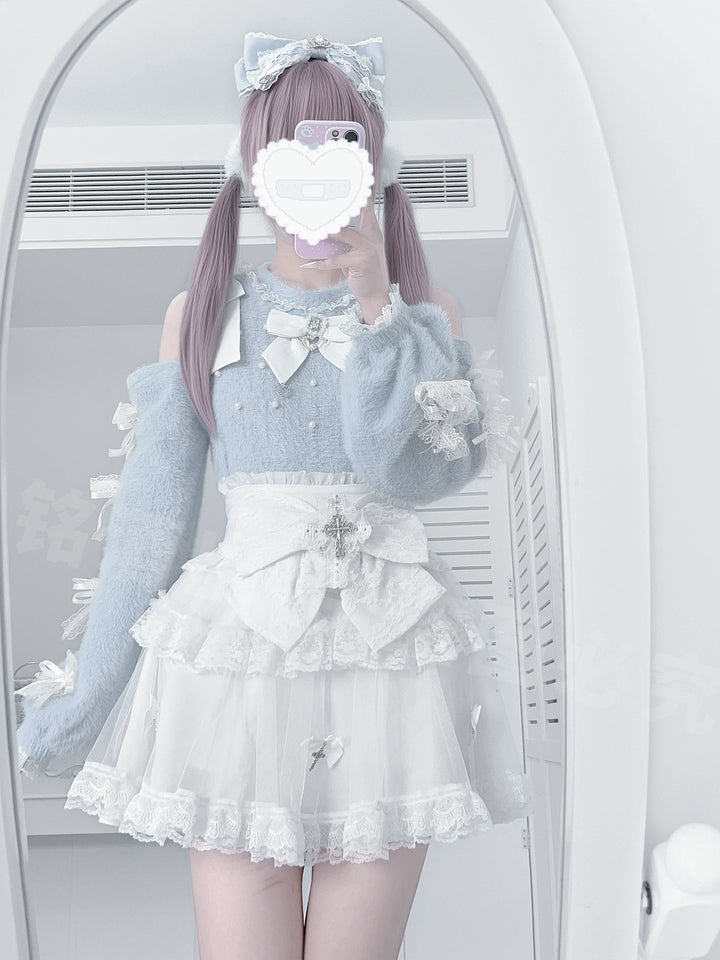 Jirai Kei Open Shoulder Plush Sweater, Tiered Skirt 44565:812989