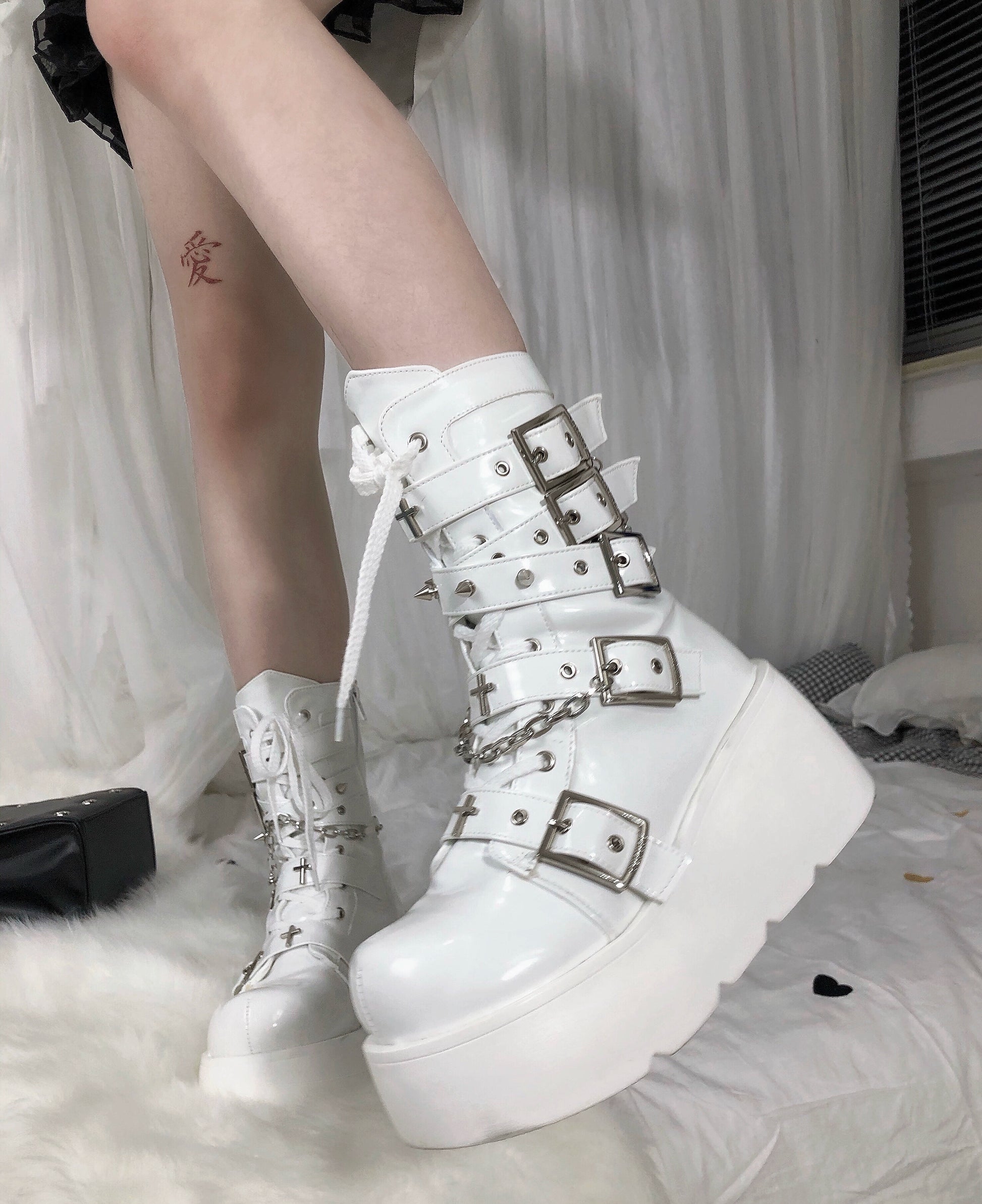 Y2K Spicy Girl Cross Black White Platform Shoes Boots 28962:343920