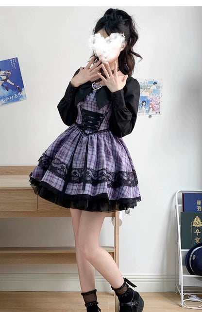 Jirai Kei Dress Puff Sleeves Purple Dress Heart Buckle Dress 36418:570212