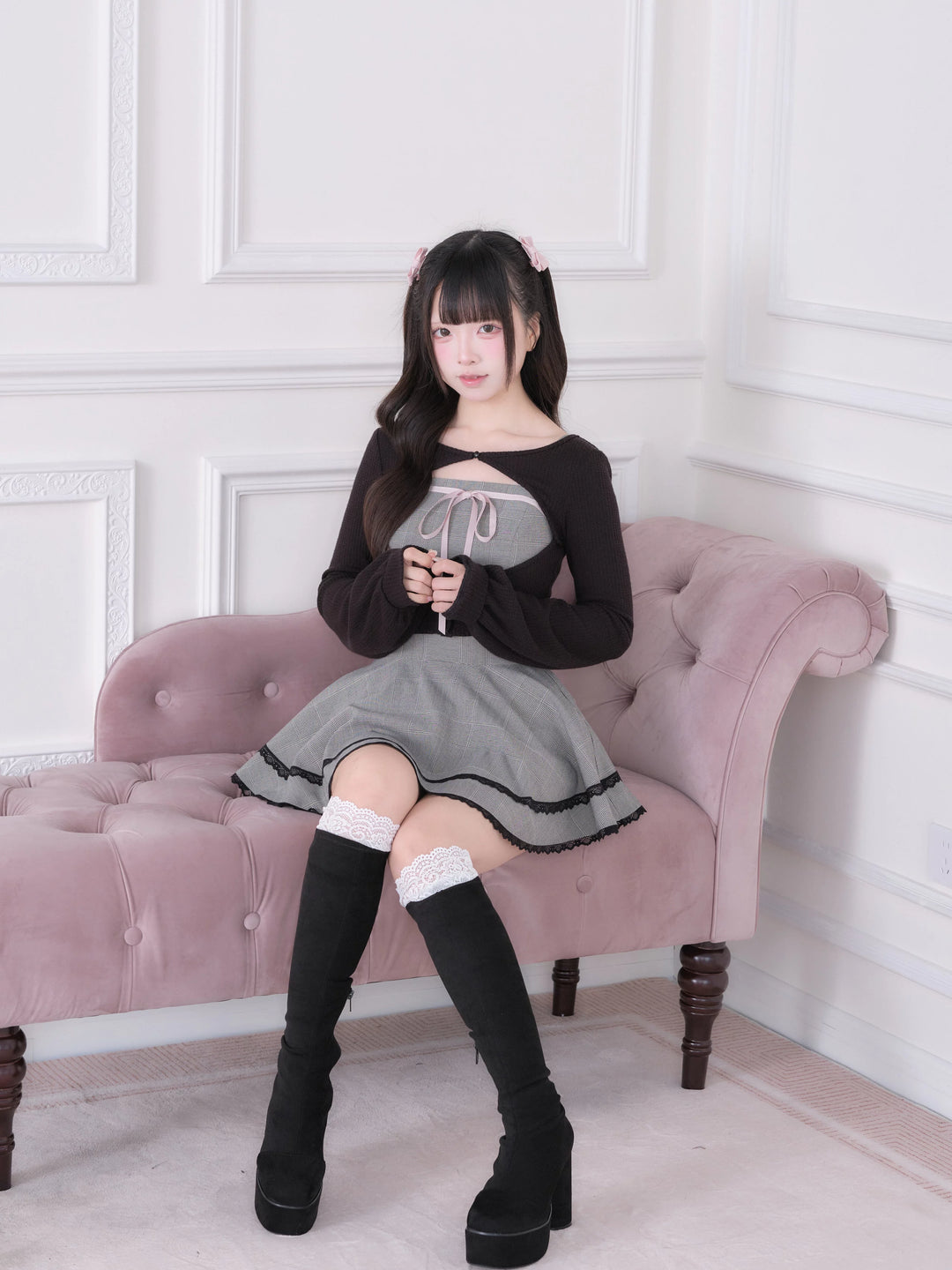 Ryousangata Plaid Dress, Knit Bolero & Elastic Shorts 44815:822692