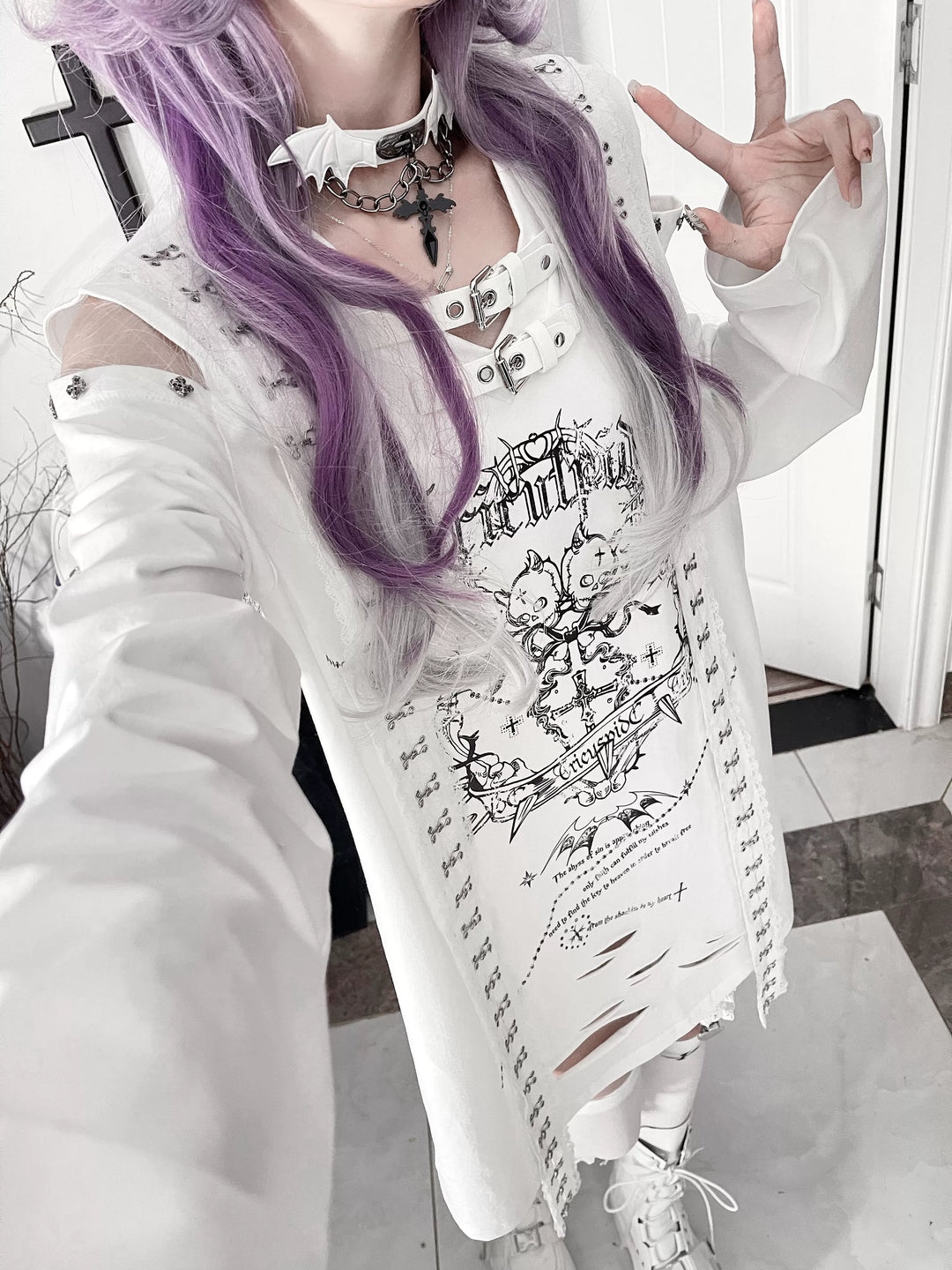 Subculture Long-Sleeved T-shirt, Belted Neck 44563:816473