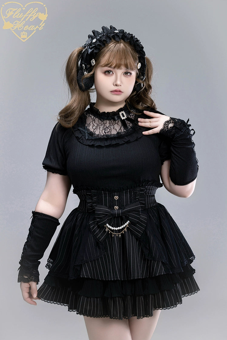 Striped High Waist Jirai Kei Skirt, Detachable Bow 43679:785979