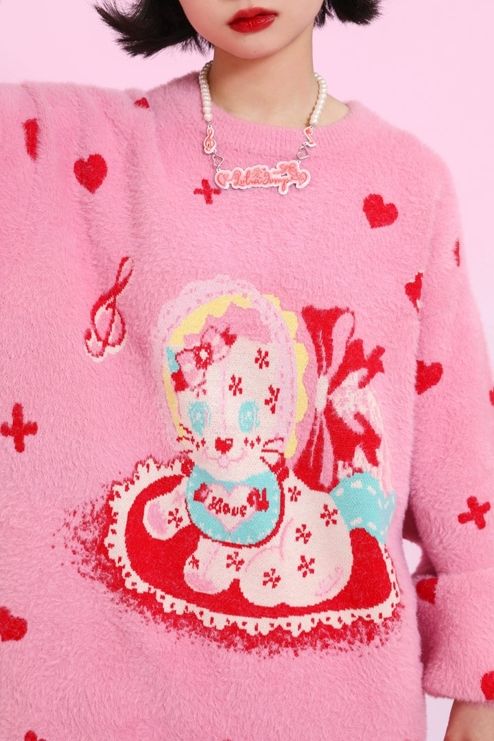 Kawaii Pink Sweater Dress Fluffy Dress With Heart Cat Patterns 31508:367814 31508:367814