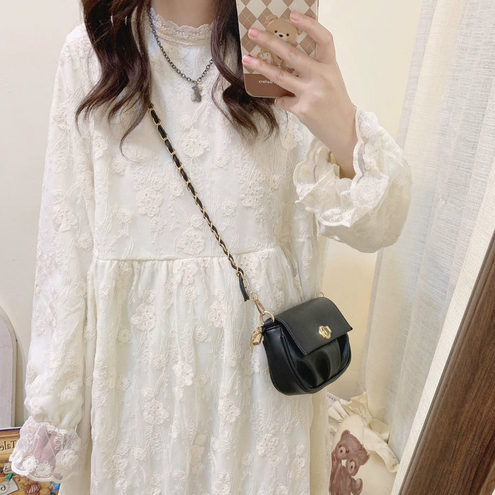 Mori Kei Dress Lace Long Sleeve Fleece-Lined Dress 39434:635830