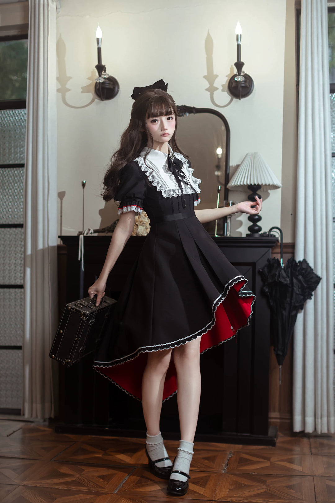 Gothic Style Lace Trim Dress, High-Low Hem 45334:848906