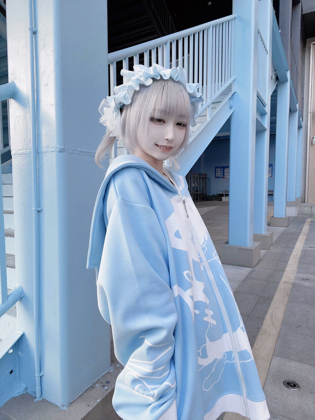 Jirai Kei Bicolor Coat Cat Ears Sailor Collar Printed Coat 33316:443910 33316:443910