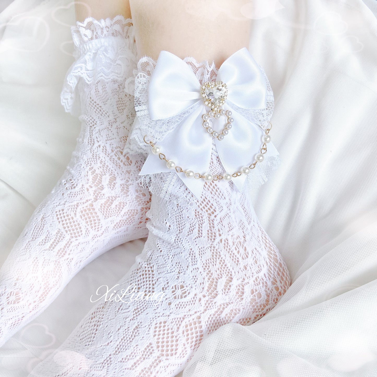 Jirai Kei Handmade Bow Pearl Heart Lolita Lace Socks 28904:326736