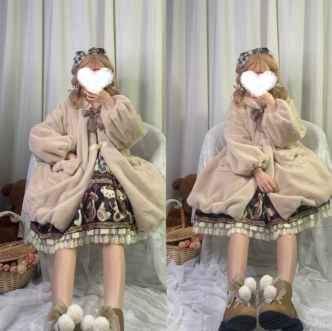 Kawaii Beige Winter Coat Bunny Fur Toggle Coat 22762:353566 22762:353566