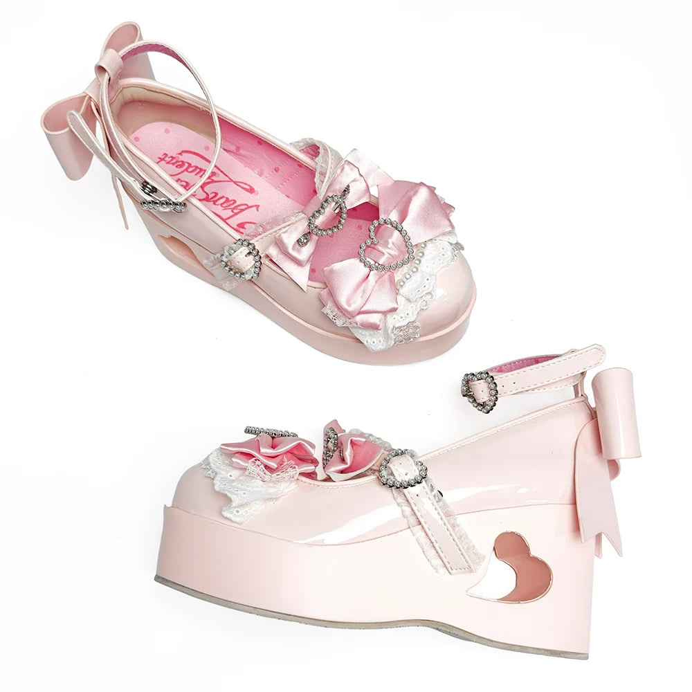 Sweet Lolita Platform Shoes, Bow and Heart-Shaped Pearl (35 36 37 38 39 40 41) 45357:846099