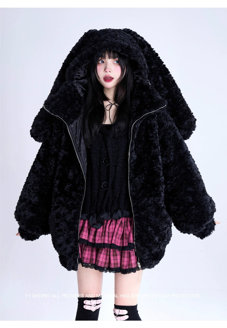 Jirai Kei Coat Black Plush Hooded Winter Coat Bunny Ear Coat 32396:384238