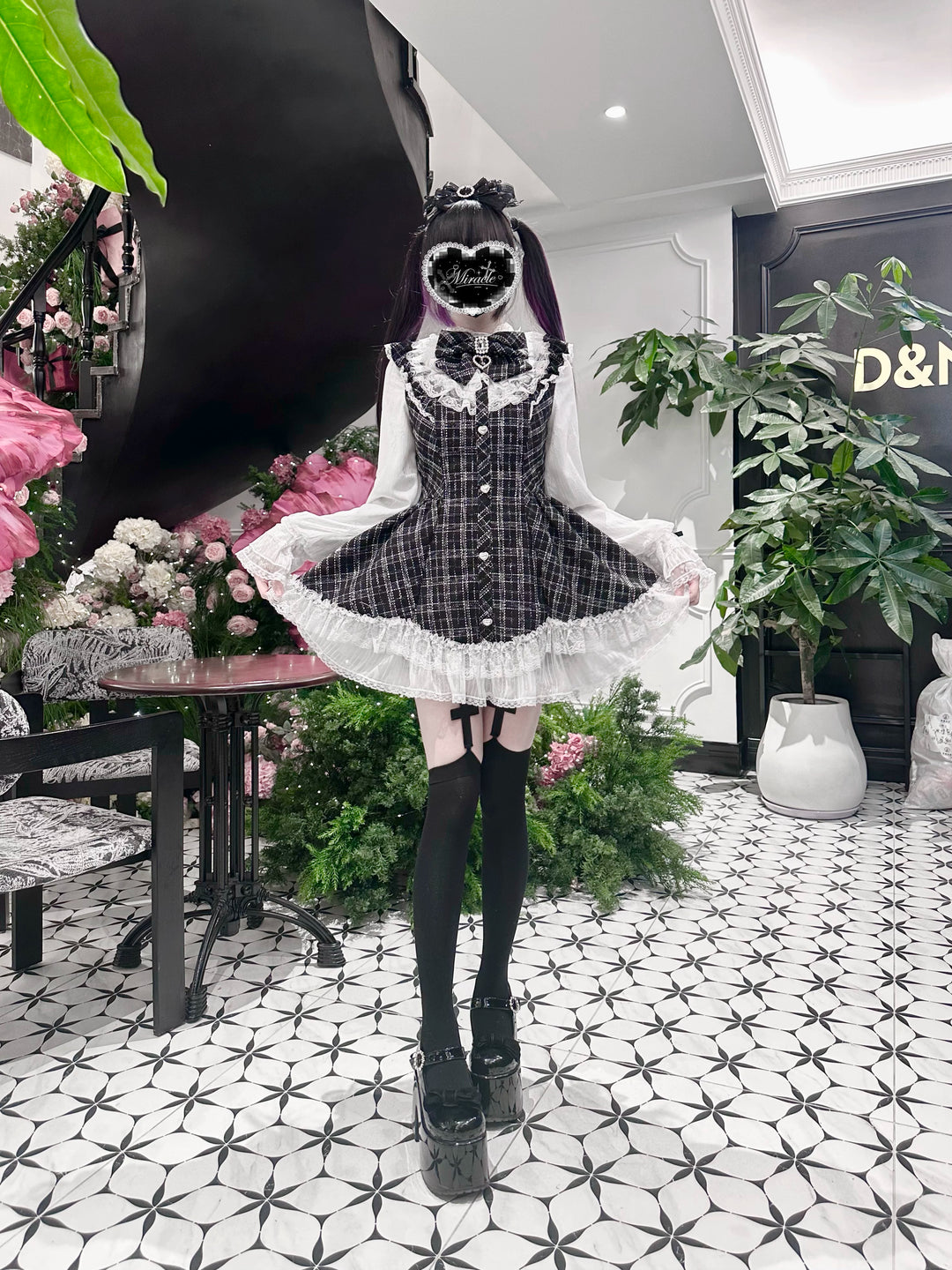 Jirai Kei Plaid Dress Set, Petal-Shaped Lace Hem 44765:825643