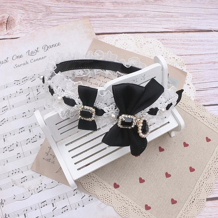 Jirai Kei Lace & Ribbon Headband, Heart-Shaped Rhinestone 45076:837728