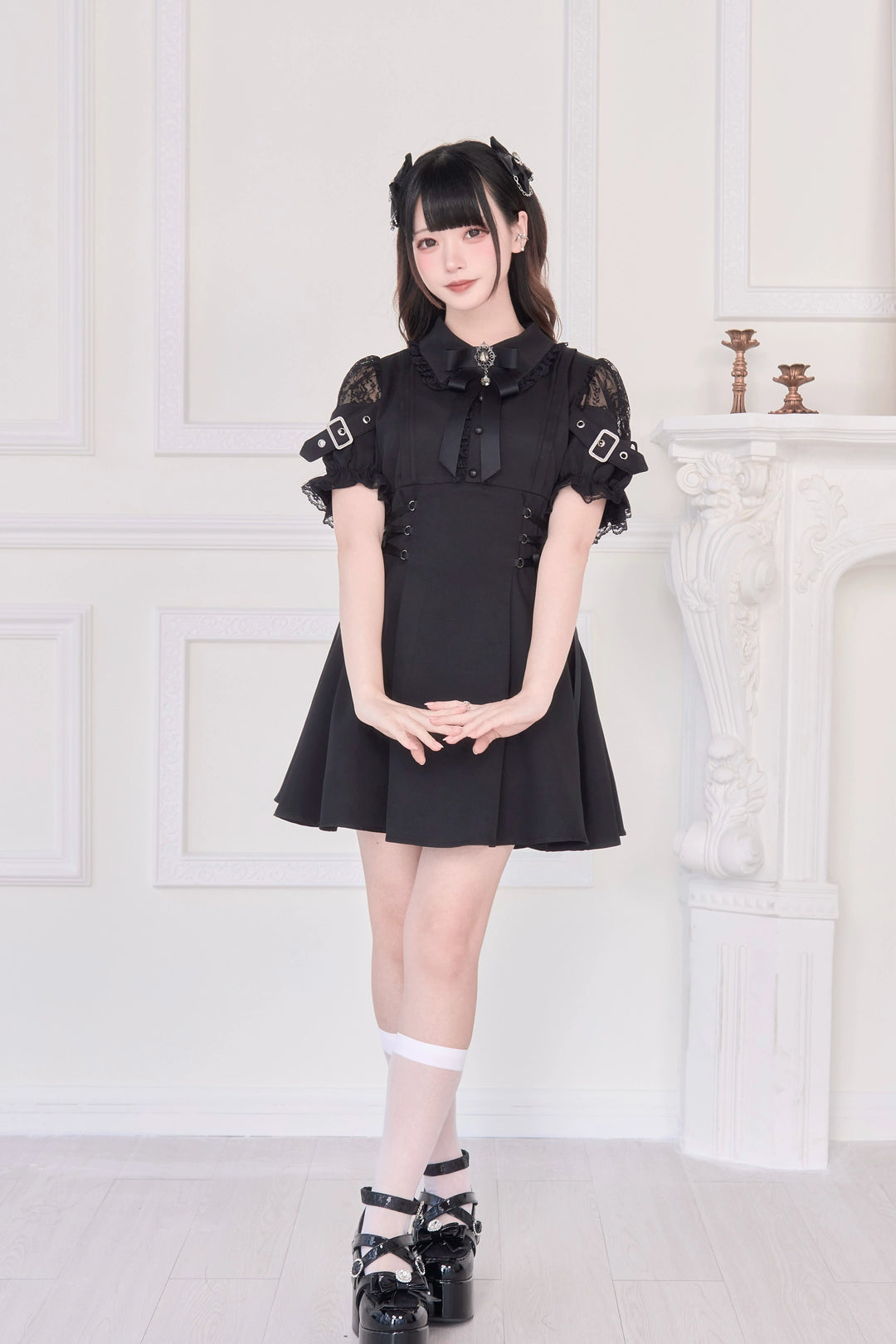 Lace Shoulder Jirai Kei Dress, Pleated Skirt 43534:779090