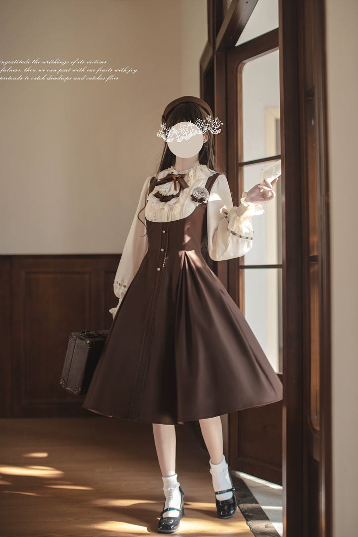 Elegant Lolita Brown and Beige OP Dress Set 44124:797969