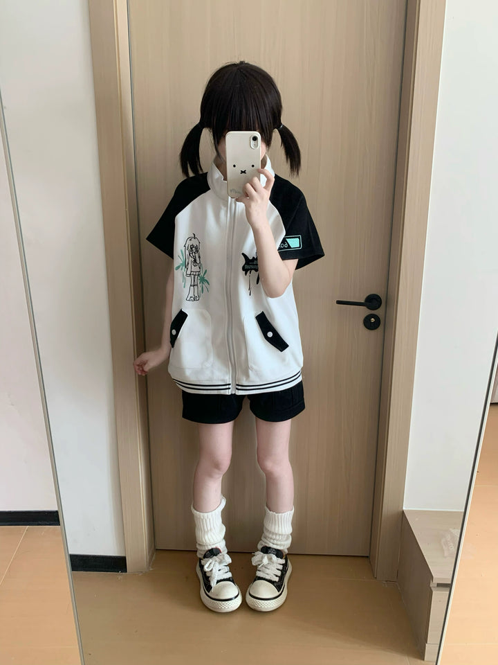 Jirai Kei Black Sport Set Loading Print Zip Jacket and Shorts 42895:757173