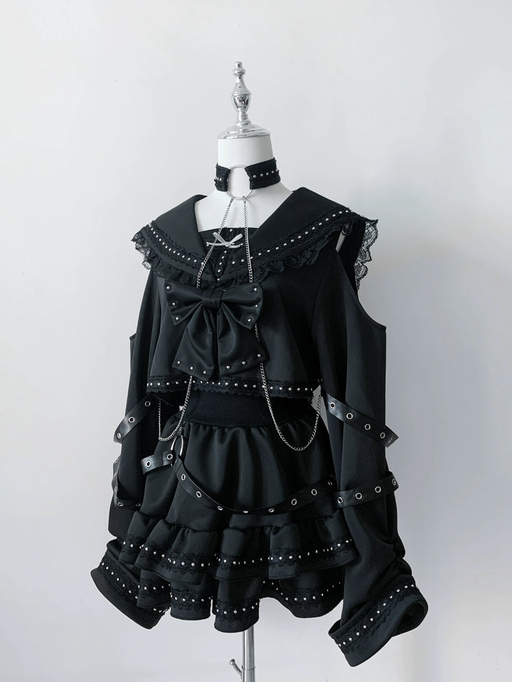 Subculture Black Top & Skirt Set, Snakeskin-Like Style 44771:827682