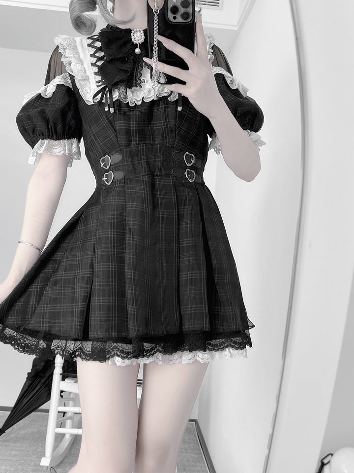 Off-Shoulder Jirai Kei Dress Set with Bow Tie & Safety Shorts 42705:761434