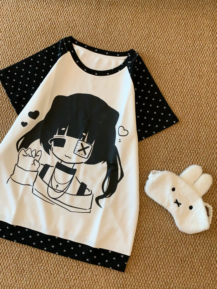 Kawaii Raglan T-Shirt, Girl & Star Print 45639:857362