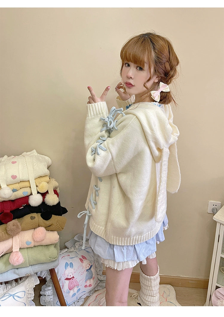 Kawaii White Pink Blue Cardigan Bunny Ears Sweater Coat 22658:345230 22658:345230