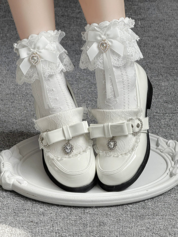 Jirai Kei Low-Heel Loafer Shoes, Rhinestones & Bow 43944:790327