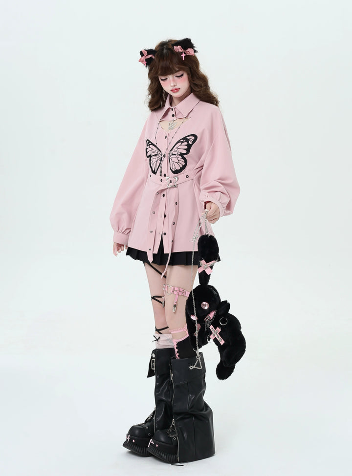 Gyaru blouse Subculture Embroidered Butterfly Shirt Long Sleeve Top 39690:633978