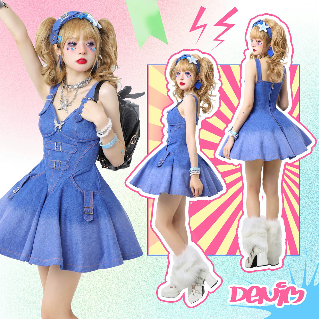 Y2K Spice Girl Pink White Blue Denim Dress Set 22672:350706 22672:350706