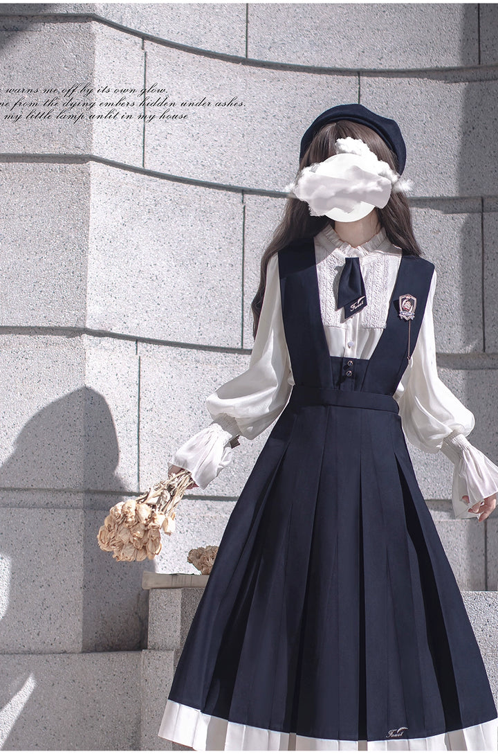 Navy Preppy Style Jumper Dress + Chiffon Blouse 41452:779244