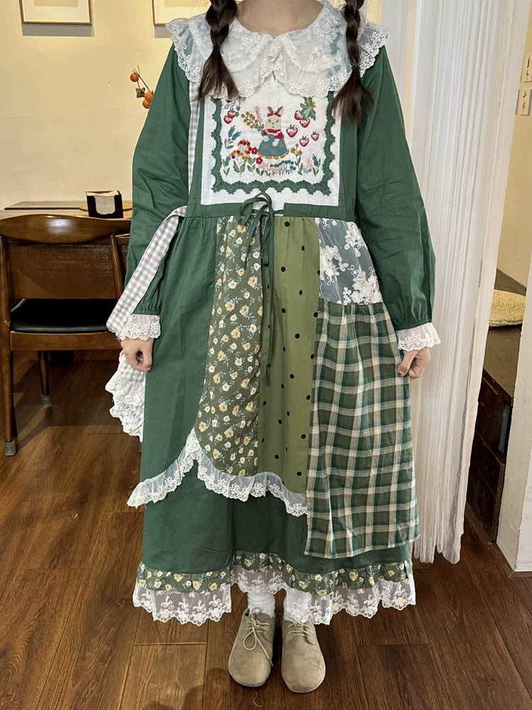 Cottagecore Dress Mori Kei Dress Green Floral Patchwork Dress 36226:525050