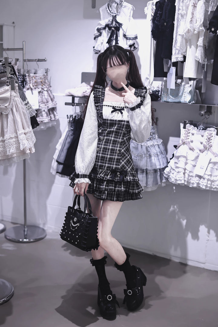 Jirai Kei Plaid Dress, White Lace Long Sleeve 45838:865333