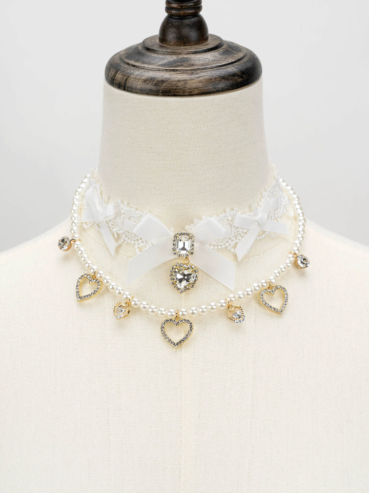 Jirai Kei Necklace Double-layered Pearl Rhinestone Choker 33806:446408