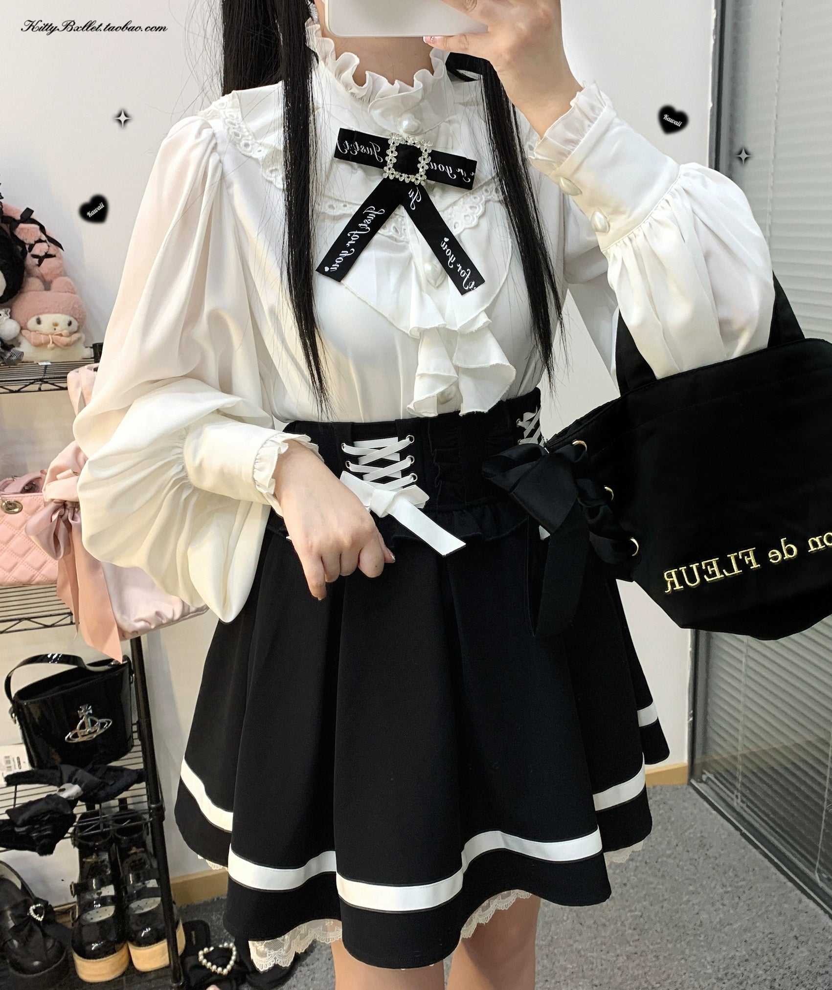 Jirai Kei White Black Blouse Ruffle Long Sleeve Shirt 31864:371780