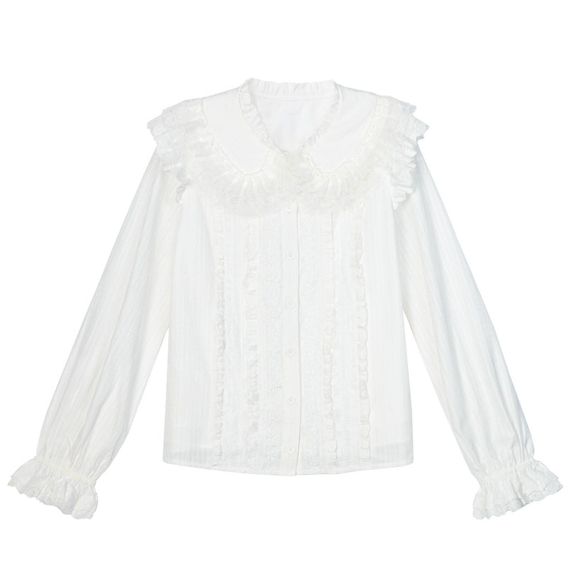 Mori Kei Blouse Lace Patchwork Shirt White Top (L M S / White) 39290:631582