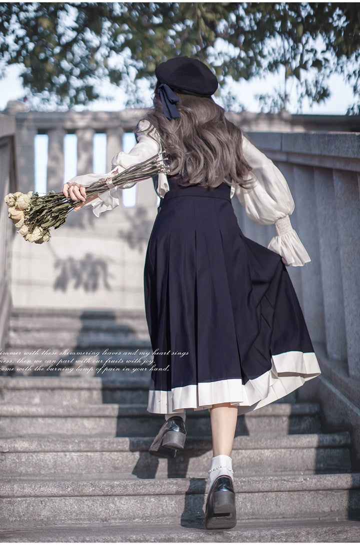 Navy Preppy Style Jumper Dress + Chiffon Blouse 41452:779246