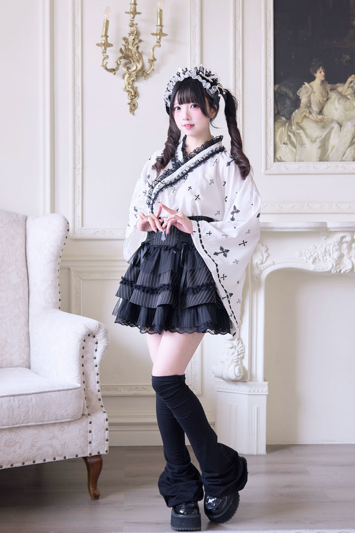 Wa-Style Jirai Kei Kimono Blouse + Ruffle SKirt + Wide Obi Belt 42799:753798