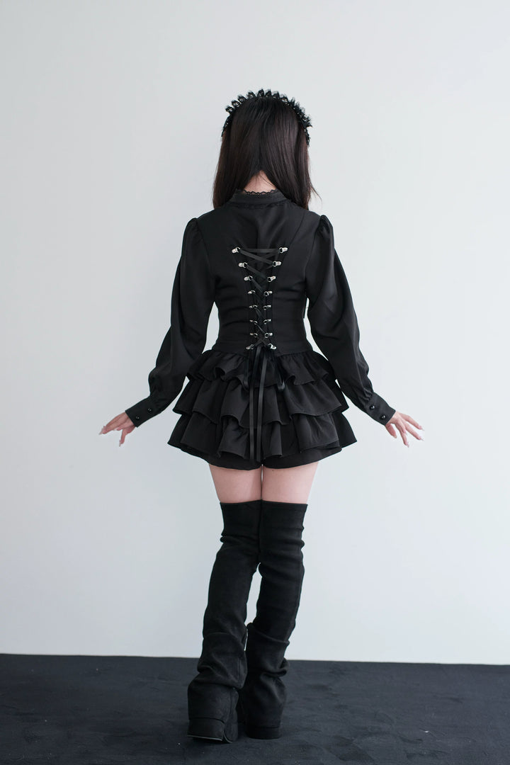 Black/Gray Jirai Kei Lace-Up Dress, Elastic Shorts 44329:806157