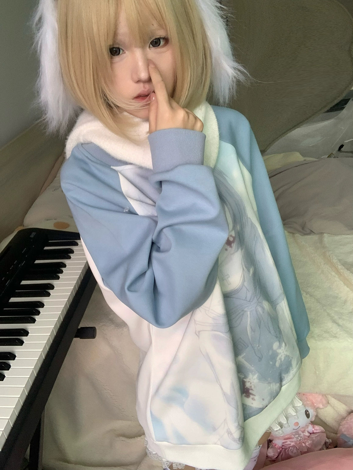 Jirai Kei Blue Sweatshirt Anime Girl Printed Sweatshirt 33326:430952