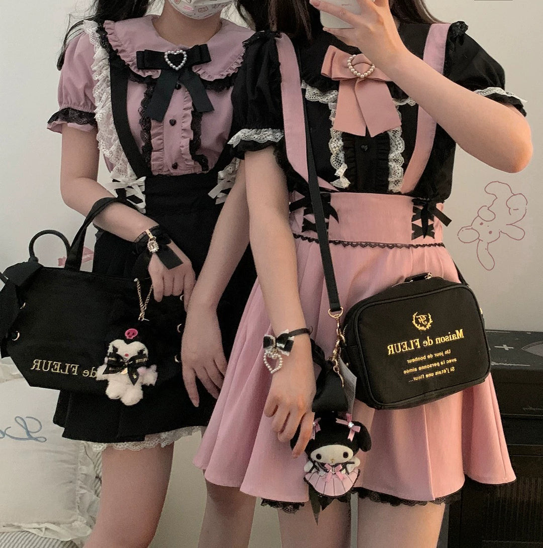 Jirai Kei Shirt Sweet Lace Blouse Short Sleeve Peter Pan Collar (Black / Preorder) 35260:536046 (Black / Preorder) 35260:536046