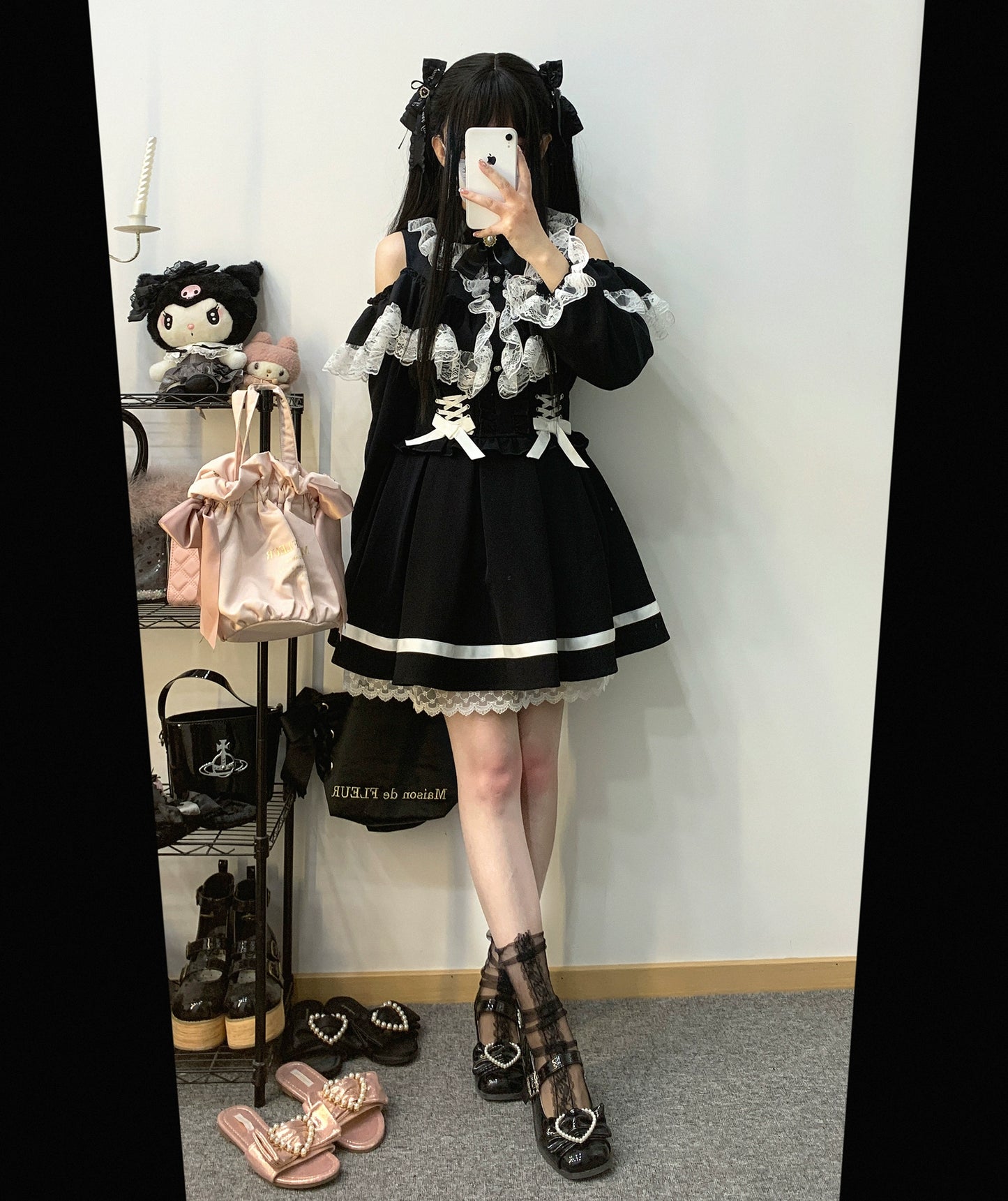 Jirai Kei Skirt High Waist Lace Up Skirt With Bow Tie 31860:396712