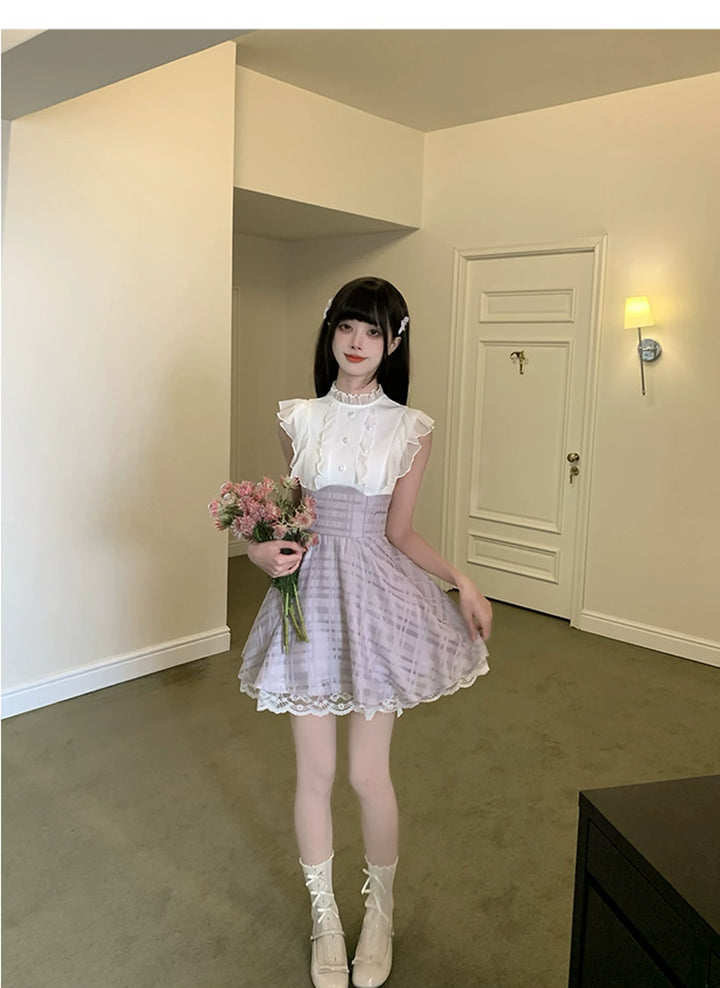 Sleeveless Seiso Kei High-Waist Dress, Purple Plaid Hem 44974:834218