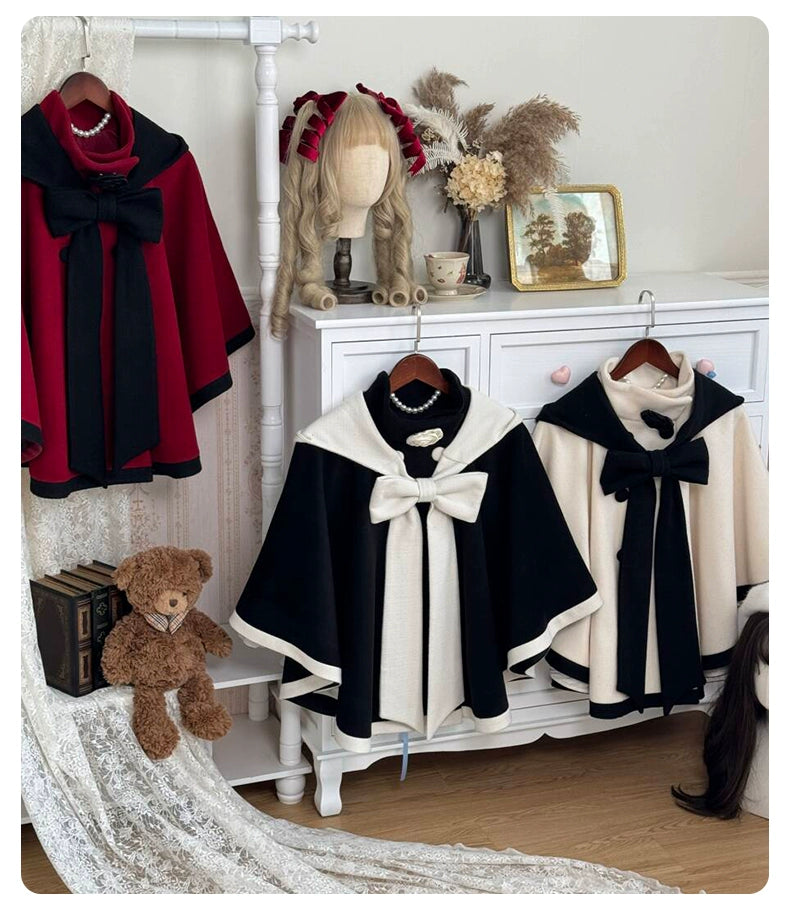 Elegant Lolita Winter Coat Black and White Camellia Cape 40284:658200