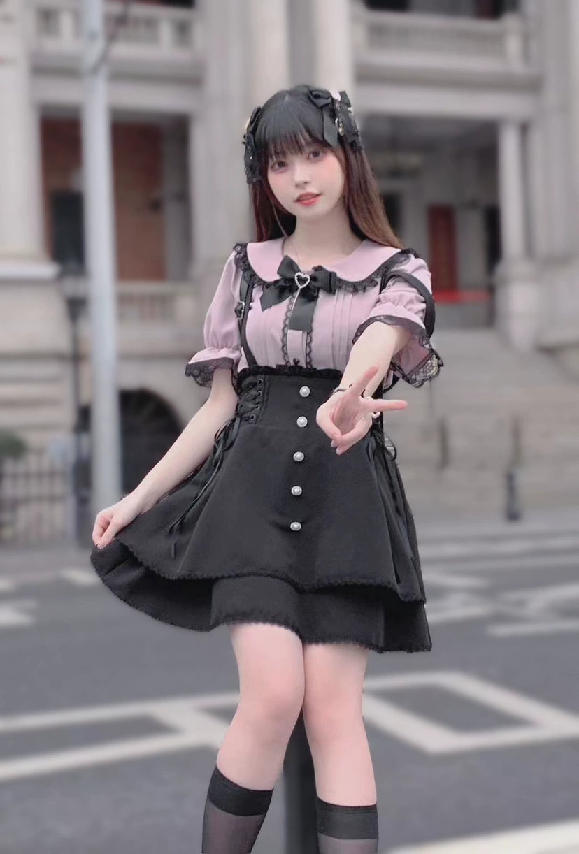 Jirai Kei Pearl Lace Up Butterfly Bow Black Skirt 21738:311030