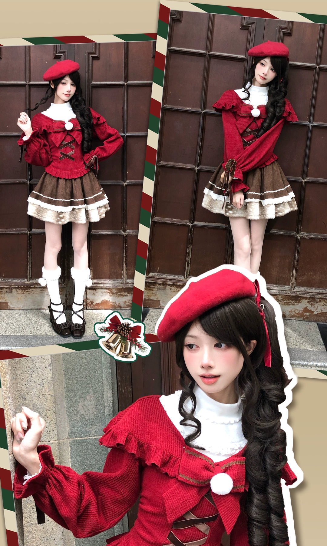 Christmas Red Off-Shoulder Sweater, Ruffled Skirt 44160:798287