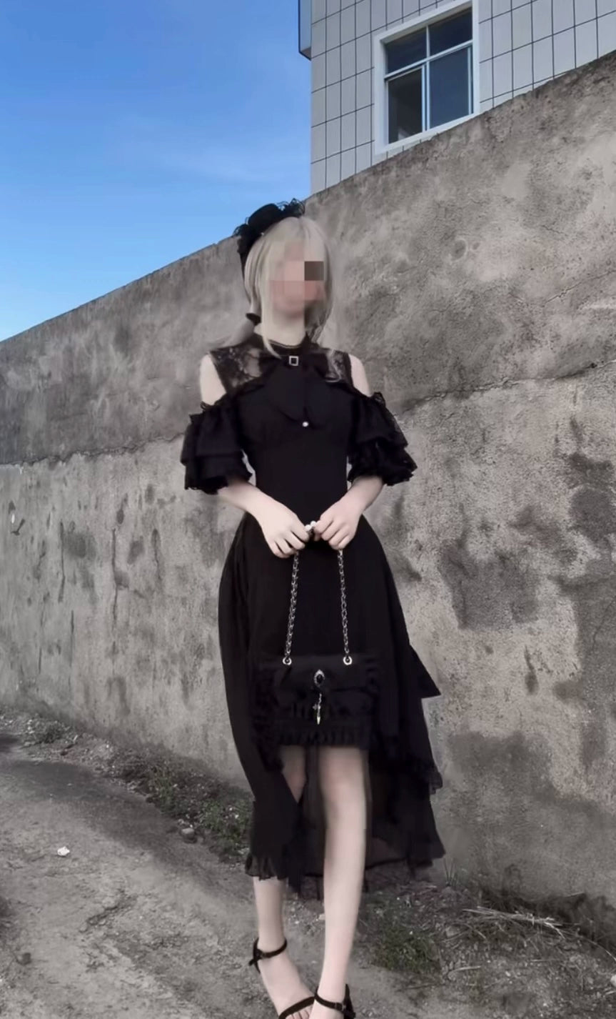 Elegant Long Jirai Kei Dress, Lace Ruffle Open-Shoulder 43651:782321