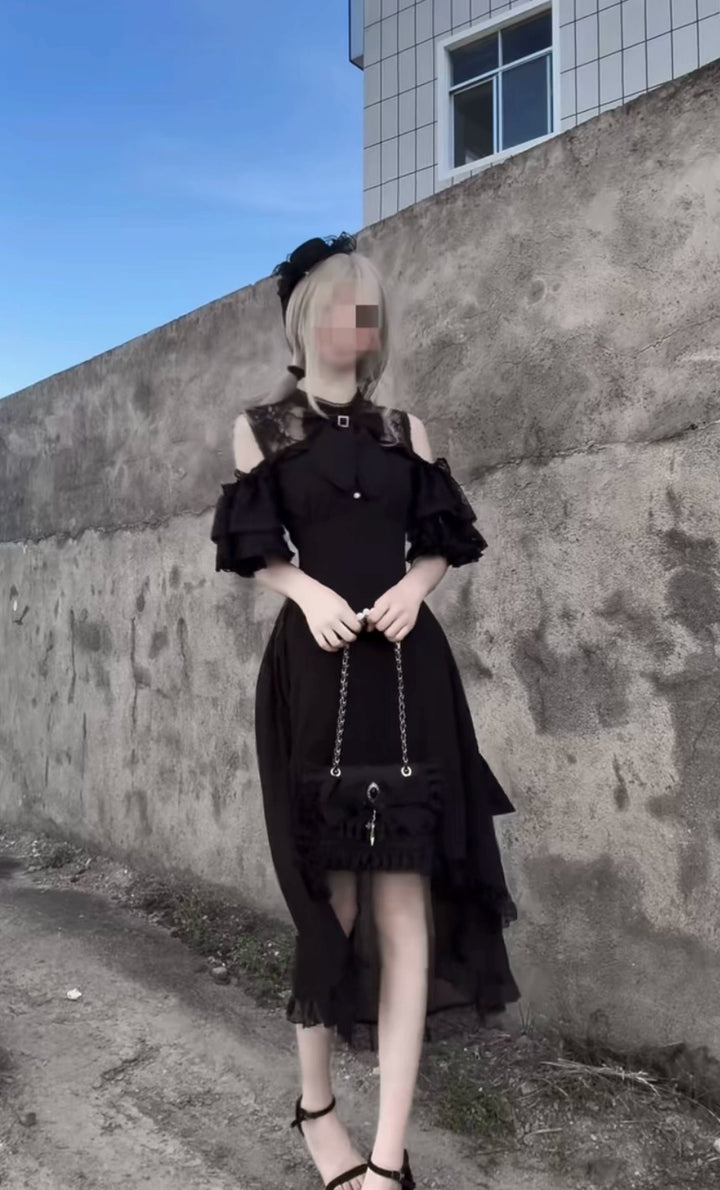 Elegant Long Jirai Kei Dress, Lace Ruffle Open-Shoulder 43651:782321