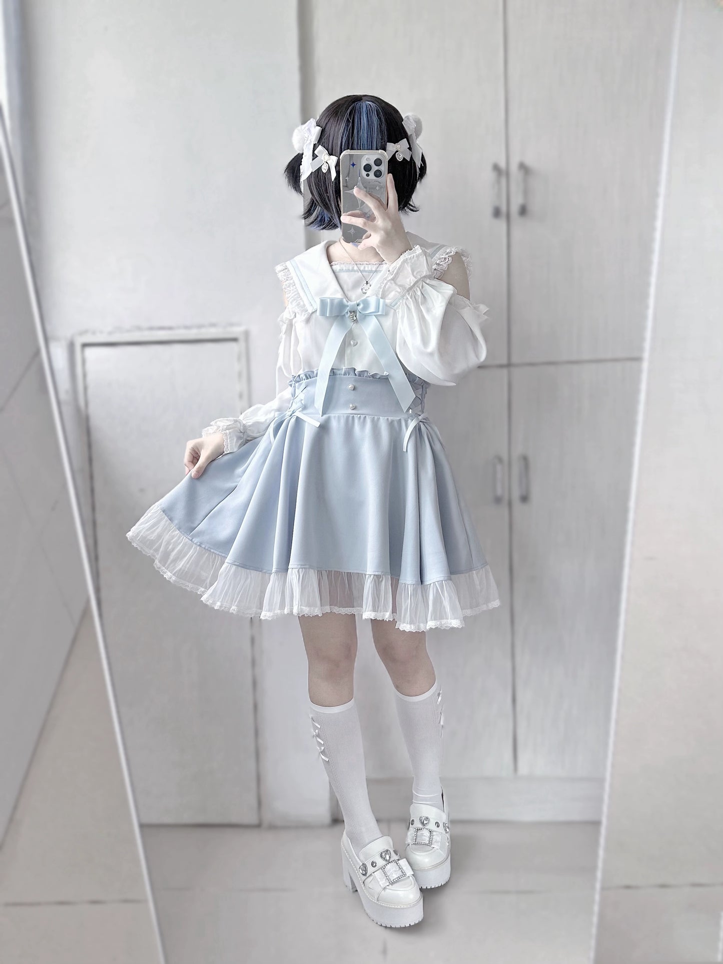 Jirai Kei Skirt Sweet Pink Blue Skirt With Flounce Hem 35800:504112