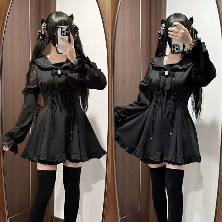 Jirai Kei Dress Set Black Sailor Collar Lace Dress Shorts 40076:649914