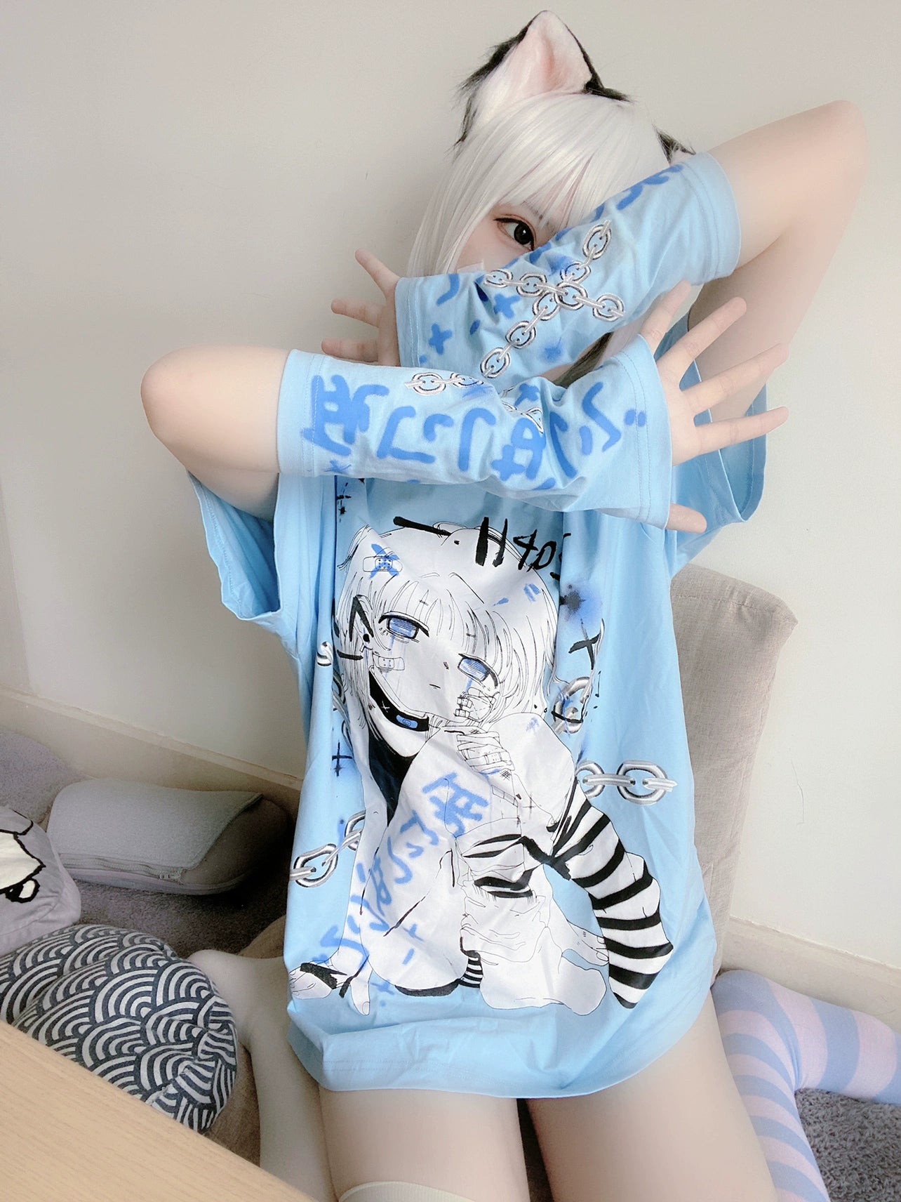 Jirai Kei T-shirt Short Sleeve Blue Cotton T-shirt 35828:506596