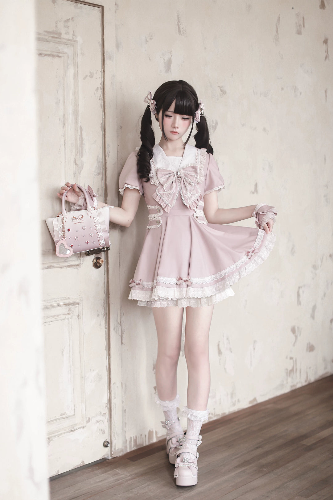 Pink High-waist Ryousangata Dress, Sailor Collar 44781:829326
