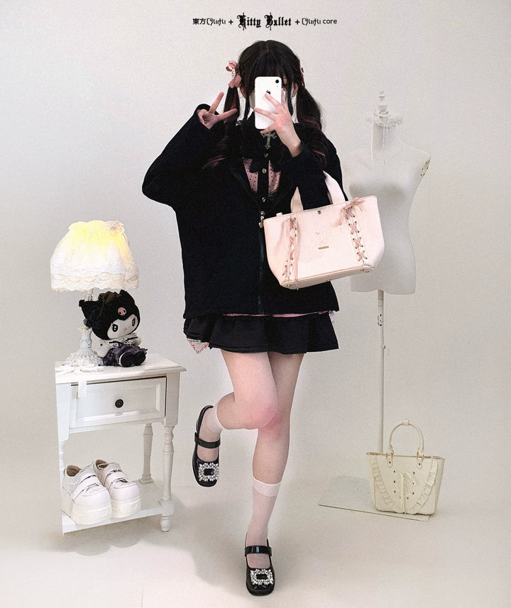 Kawaii Zipper Closure Jacket, Lace Bunny Ear 44002:792508