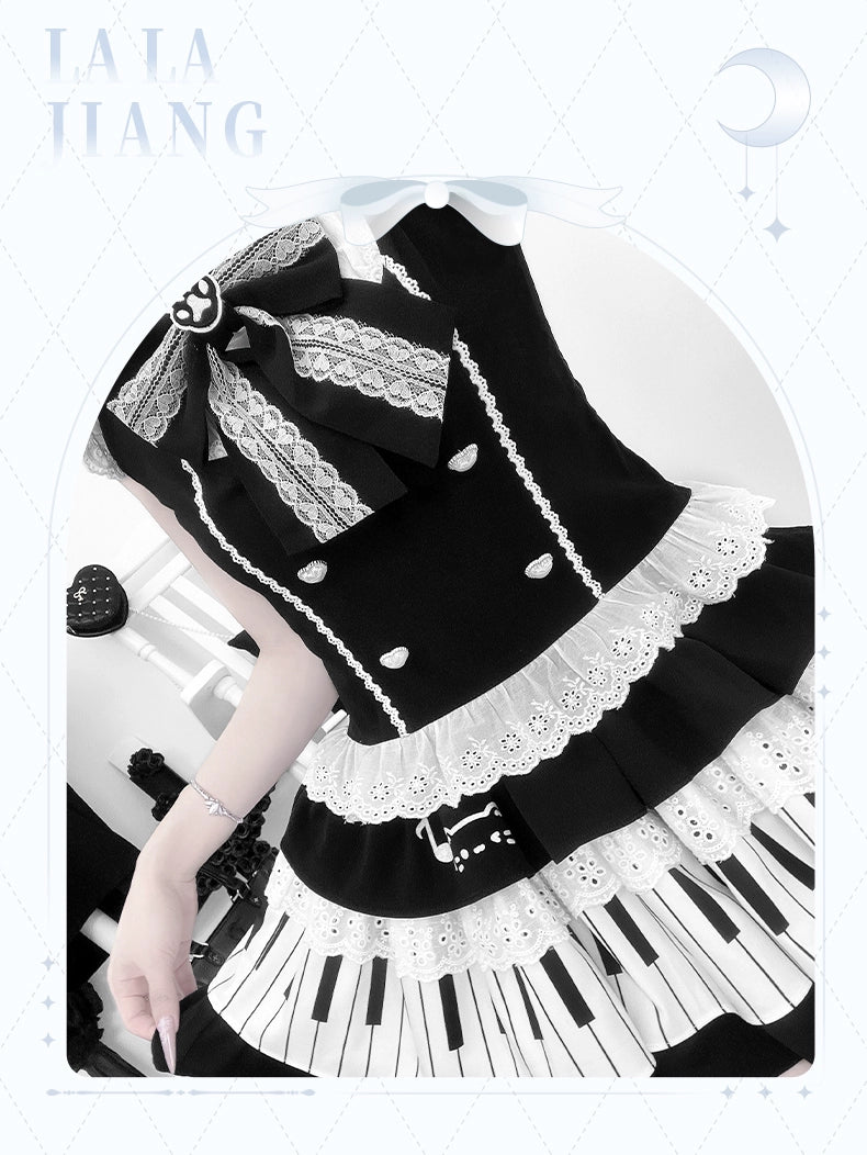 Halter Neck Kawaii Skirt Set, Cat and Piano Print 43577:780195